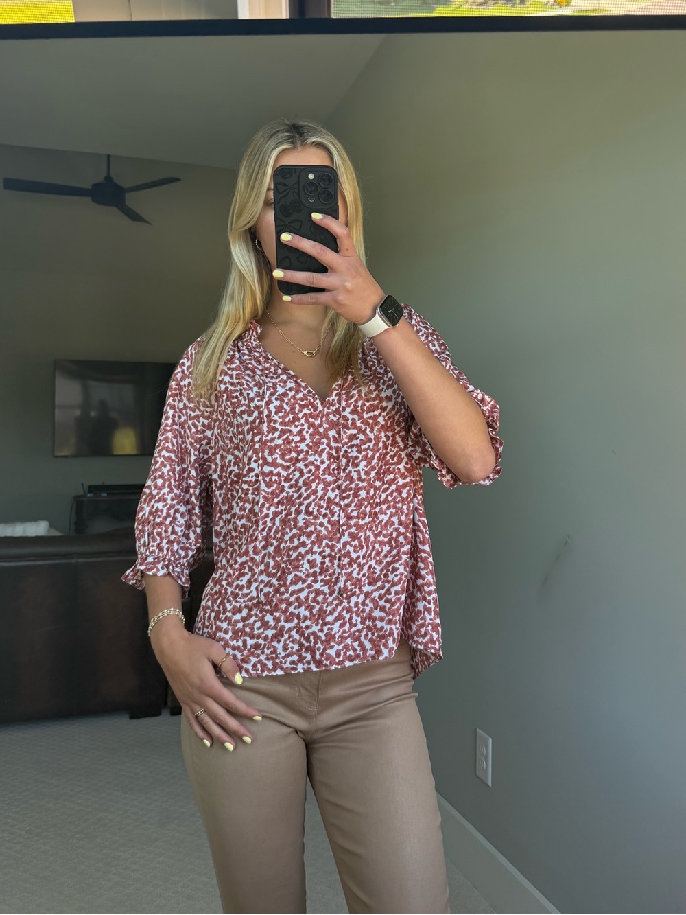 Marie Oliver Dusty Rose Printed V-Neck Blouse